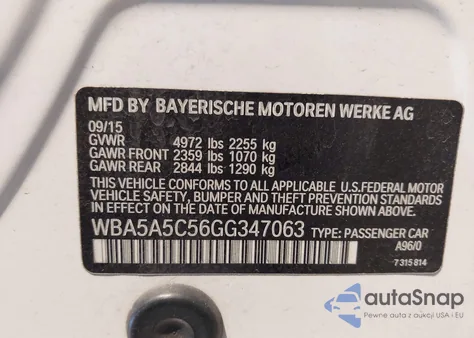2016 BMW 528I from USA, damaged, VIN WBA5A5C56GG347063